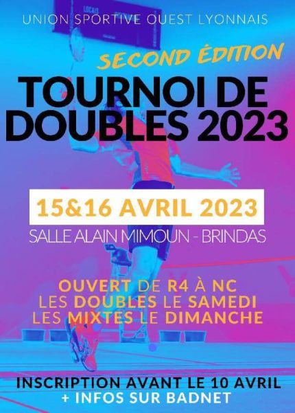 Tournoi de doubles 2023 les 15 et 16 avril 2023 Gymnase Alain Mimoun Brindas